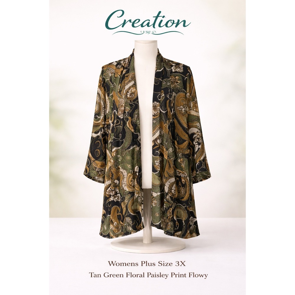 Creation‎ Womens Plus Size 3X Tan Green Floral Paisley Flowy Kimono Cardigan